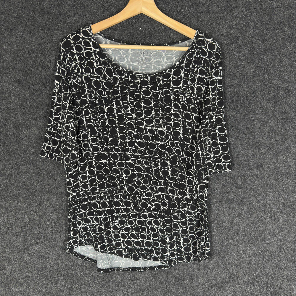 Apt. 9 T-Shirt Women L Large Black Geometric 3/4 Sleeve Rayon Round Neck Casual